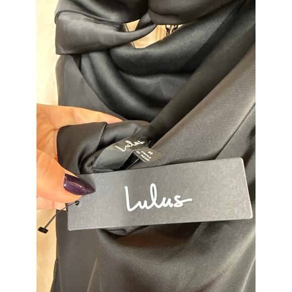 NWT Lulus Effortless Bliss Black Satin Strapless Cowl Back Midi Dress Cocktail S - Picture 8 of 10